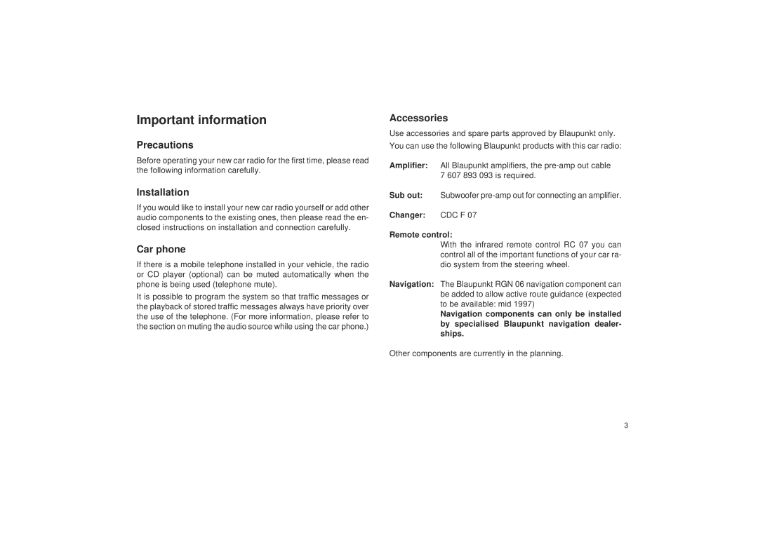 Blaupunkt RDM 127 operating instructions Important information, Precautions, Installation, Car phone, Accessories 