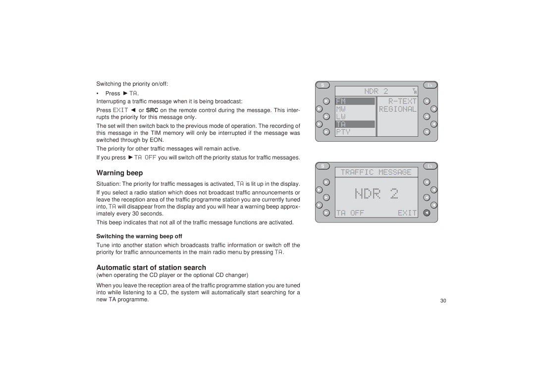 Blaupunkt RDM 127 Automatic start of station search, PTY Traffic Message, TA OFF Exit, Switching the warning beep off 