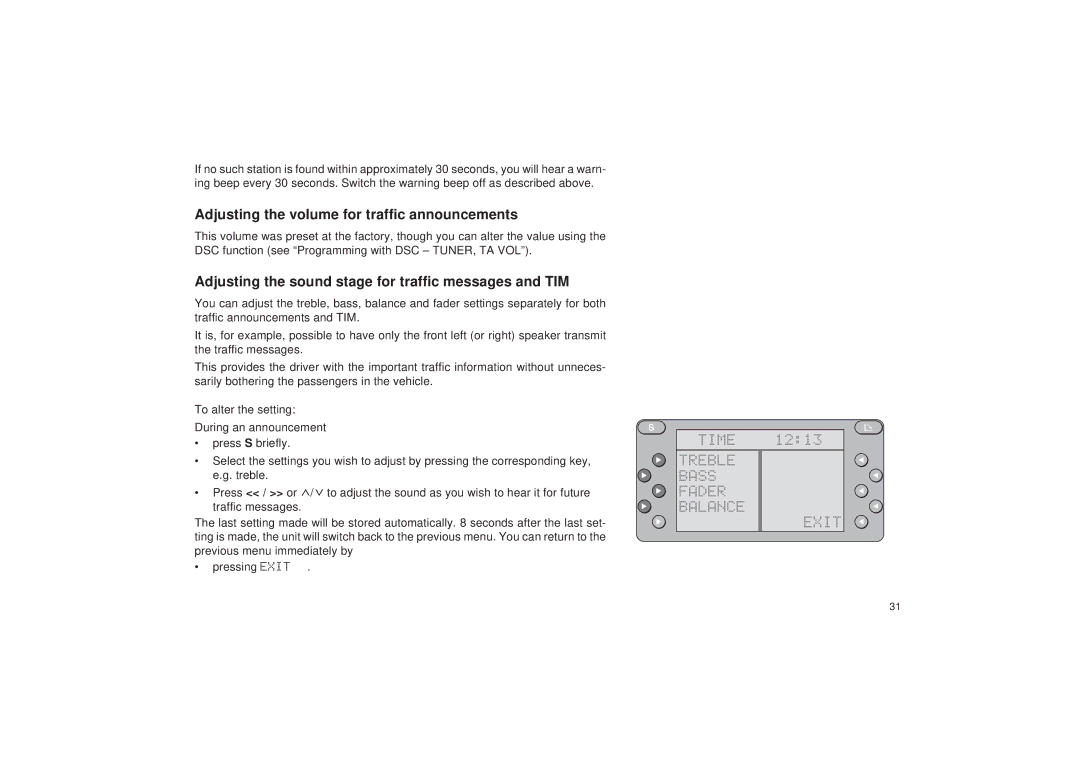 Blaupunkt RDM 127 Adjusting the volume for traffic announcements, Adjusting the sound stage for traffic messages and TIM 