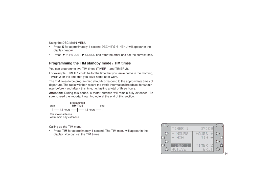 Blaupunkt RDM 127 Programming the TIM standby mode / TIM times, Hours Hours + MIN Timer, Active Exit 