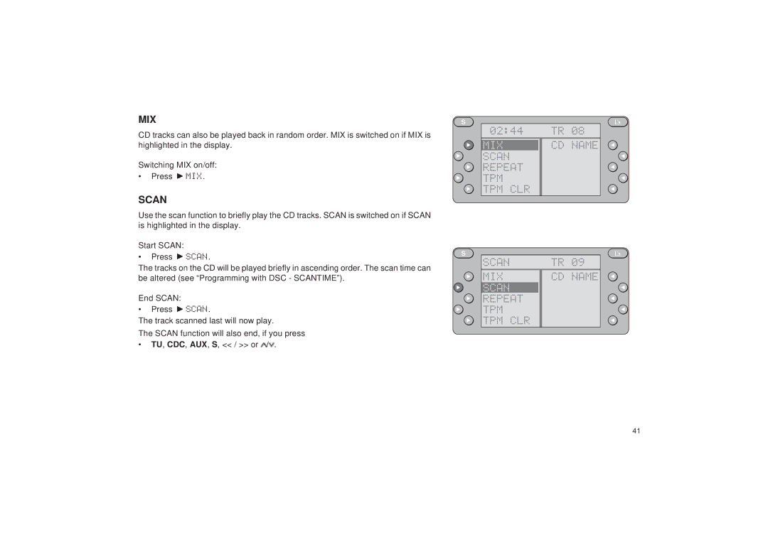 Blaupunkt RDM 127 operating instructions Mix, Scan Repeat TPM TPM CLR MIX CD Name 