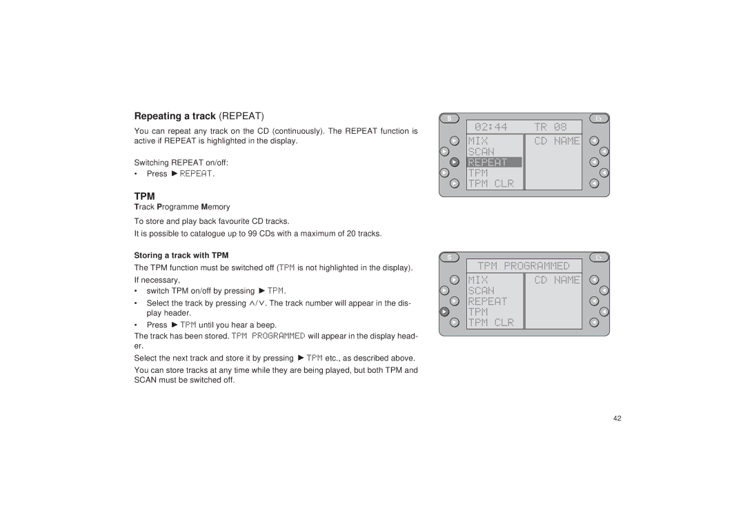 Blaupunkt RDM 127 operating instructions Repeating a track Repeat, TPM TPM CLR TPM Programmed MIX CD Name Scan Repeat 