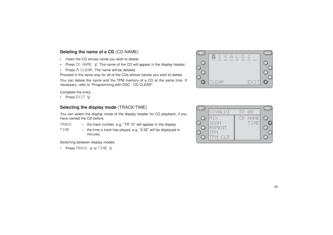 Blaupunkt RDM 127 operating instructions Deleting the name of a CD CD Name, Selecting the display mode TRACK/TIME 