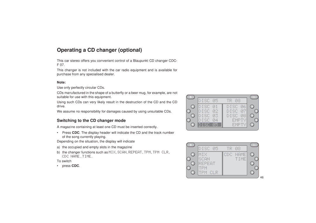 Blaupunkt RDM 127 operating instructions Operating a CD changer optional, Switching to the CD changer mode, Disc Empty 