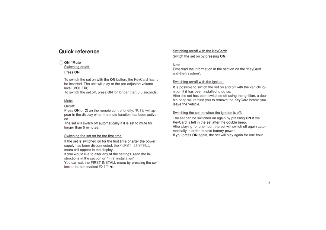 Blaupunkt RDM 127 operating instructions Quick reference, On / Mute Switching on/off 