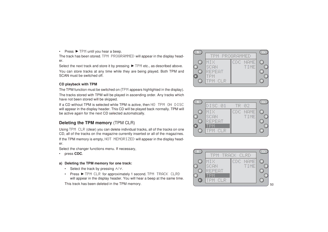 Blaupunkt RDM 127 operating instructions TPM Programmed MIX CDC Name Scan Time Repeat TPM CLR Disc 