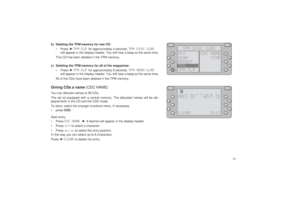 Blaupunkt RDM 127 operating instructions TPM Disc Clrd MIX CDC Name Scan Time Repeat, TPM CLR Prev CD Next CD Clear Exit 