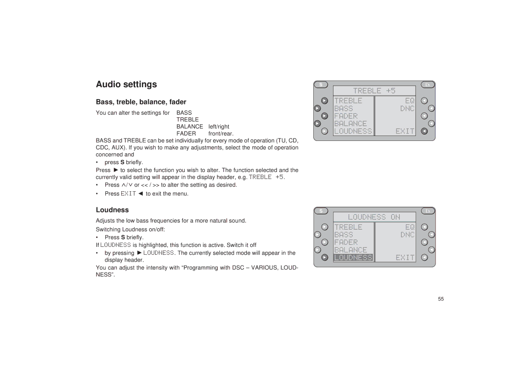 Blaupunkt RDM 127 operating instructions Audio settings, Bass, treble, balance, fader, Loudness 