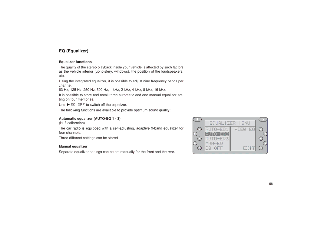 Blaupunkt RDM 127 EQ Equalizer, Equalizer Menu AUTO-EQ1 View EQ, AUTO-EQ2, AUTO-EQ3 MAN-EQ Exit EQ OFF 