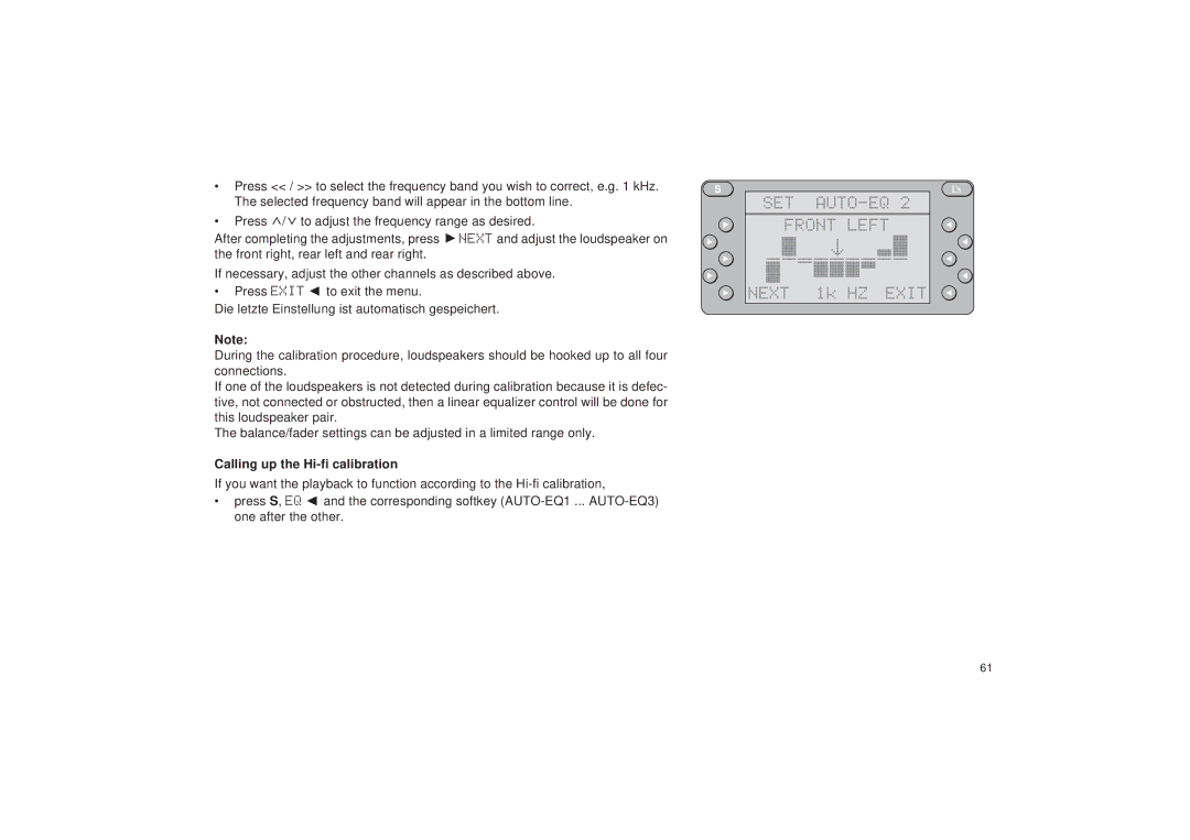 Blaupunkt RDM 127 operating instructions SET AUTO-EQ Front Left, Calling up the Hi-fi calibration 