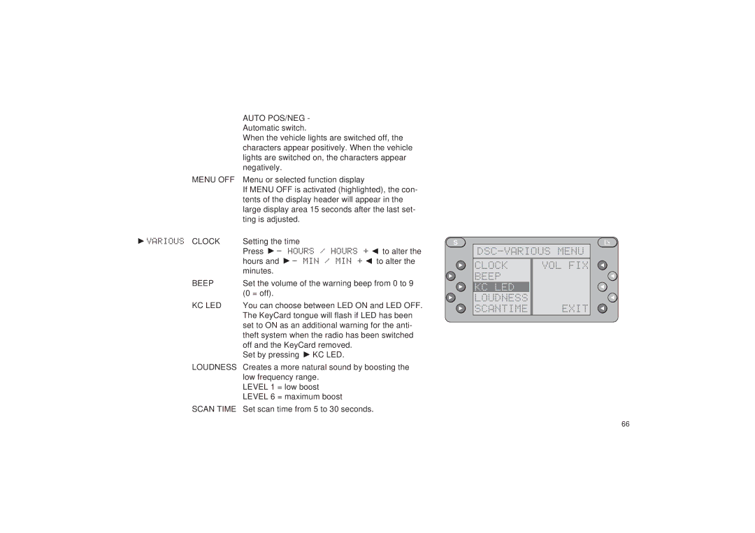 Blaupunkt RDM 127 operating instructions DSC-VARIOUS Menu Clock VOL FIX Beep, Kc Led, Loudness Exit Scantime 