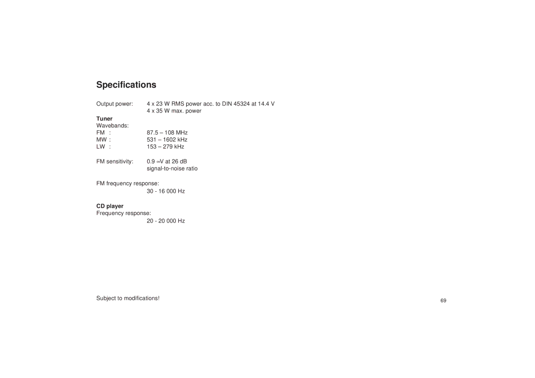 Blaupunkt RDM 127 operating instructions Specifications, Tuner, CD player 