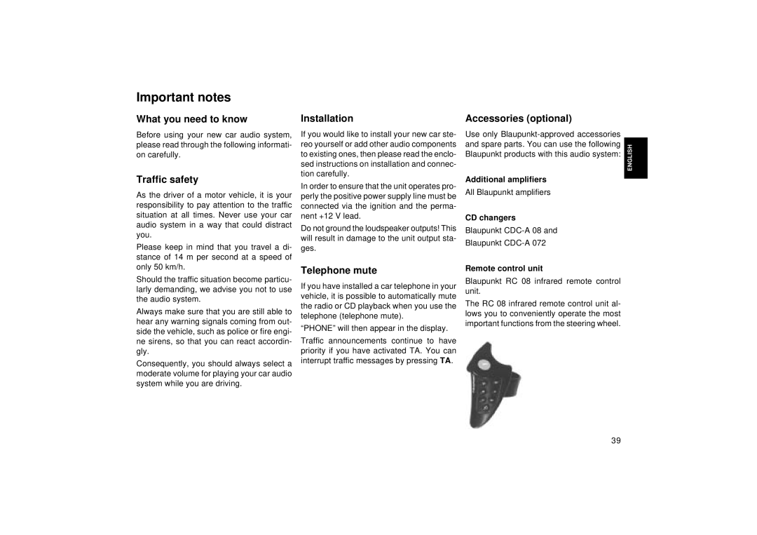 Blaupunkt RDM 168, RDM 169 operating instructions Important notes 