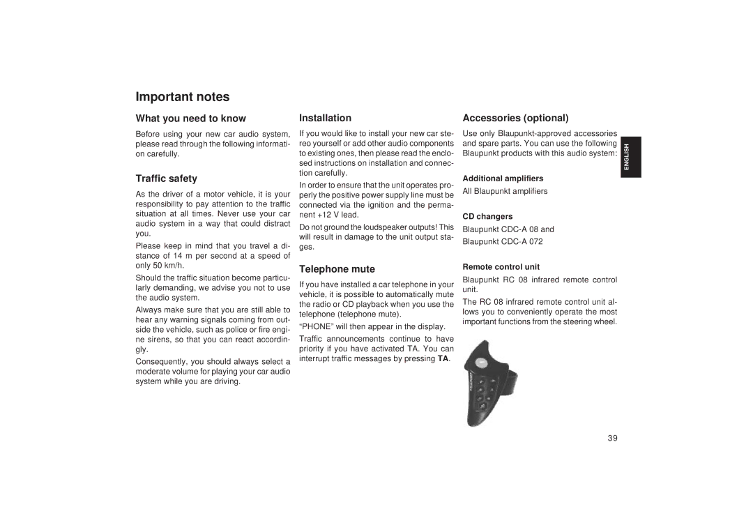 Blaupunkt RDM 168, RDM 169 operating instructions Important notes 