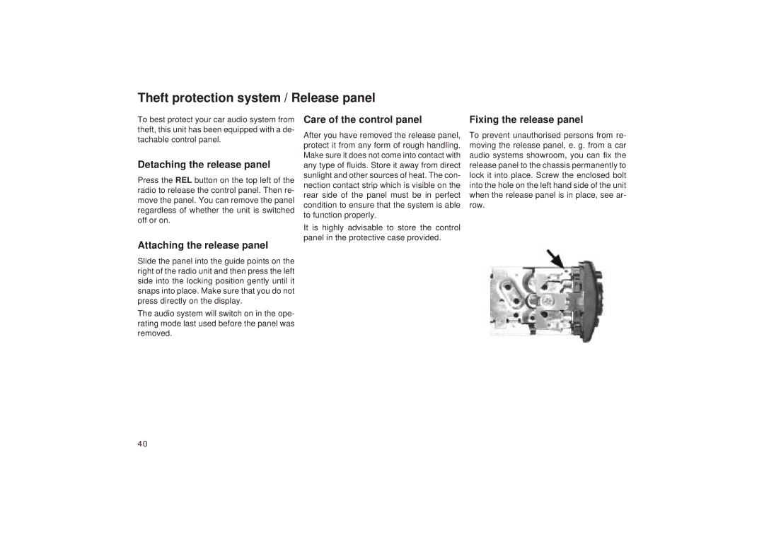 Blaupunkt RDM 169 Theft protection system / Release panel, Detaching the release panel, Attaching the release panel 