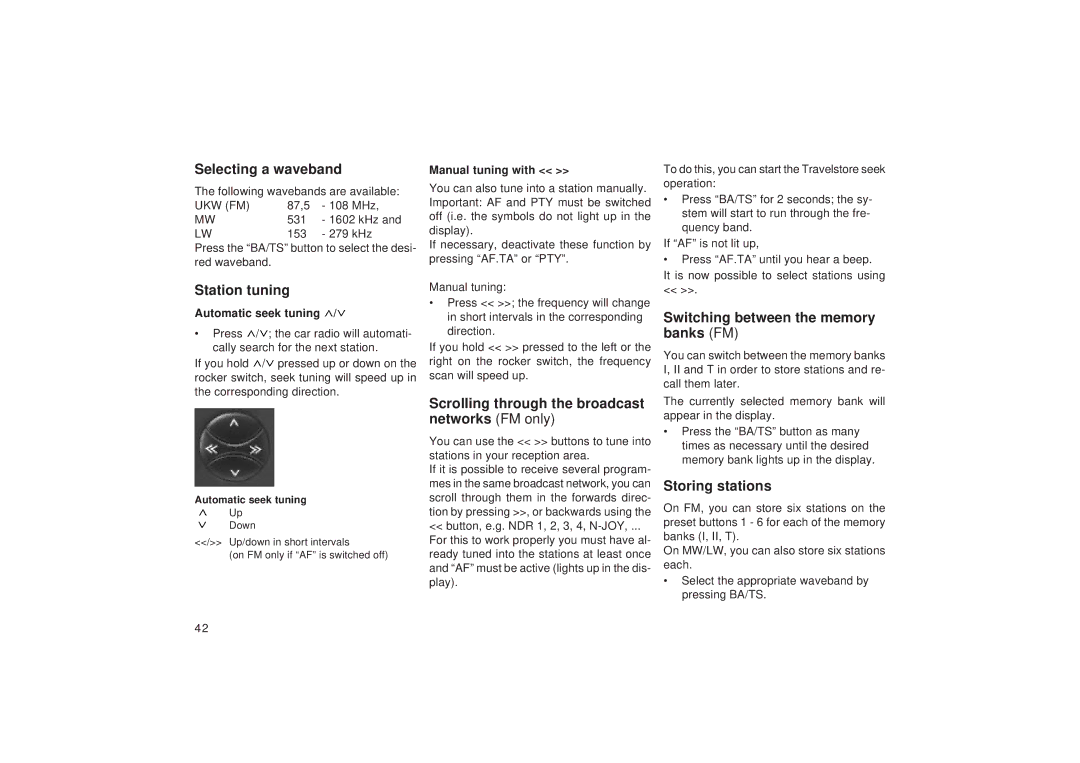 Blaupunkt RDM 169 Selecting a waveband, Station tuning, Scrolling through the broadcast networks FM only, Storing stations 