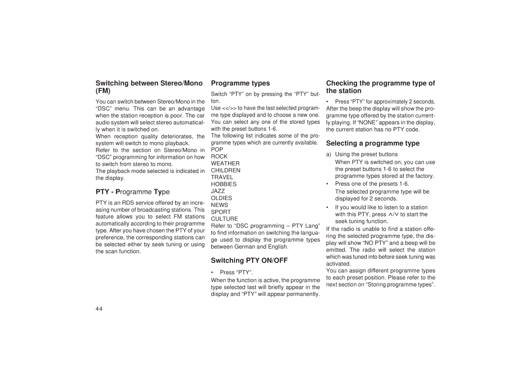 Blaupunkt RDM 169 Switching between Stereo/Mono FM, Programme types, Switching PTY ON/OFF, Selecting a programme type 