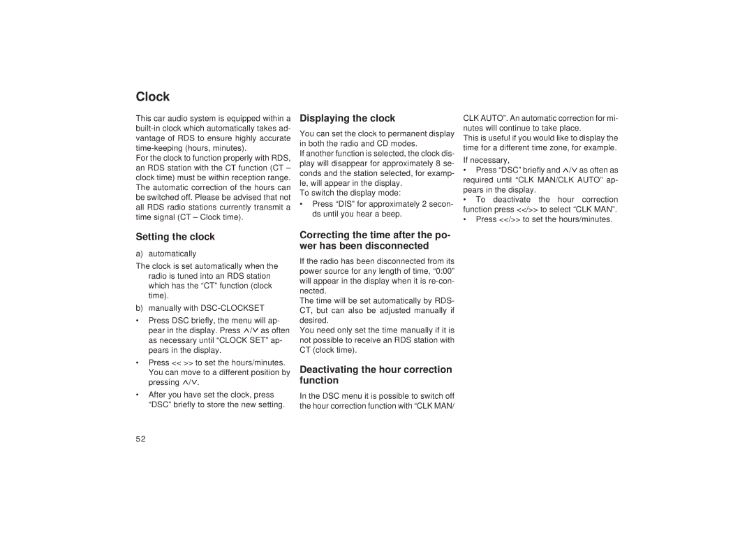 Blaupunkt RDM 169, RDM 168 Clock, Displaying the clock, Setting the clock, Deactivating the hour correction function 