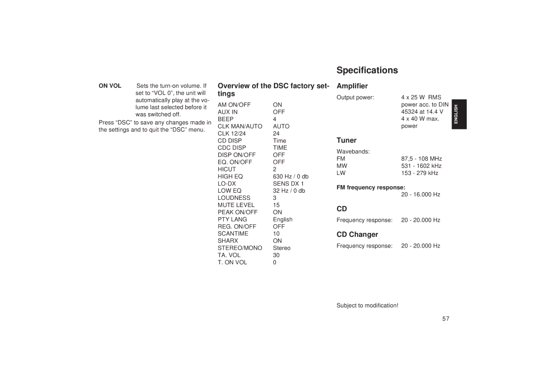 Blaupunkt RDM 168, RDM 169 Specifications, Overview of the DSC factory set- tings, Amplifier, Tuner, CD Changer 