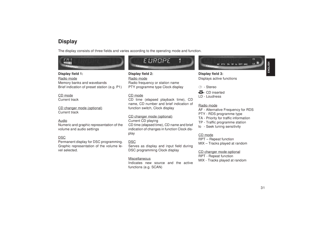 Blaupunkt RDM 168, RDM 169 operating instructions Display field 