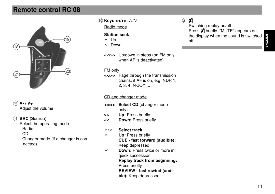 Blaupunkt RDM 169 US operating instructions Remote control RC 