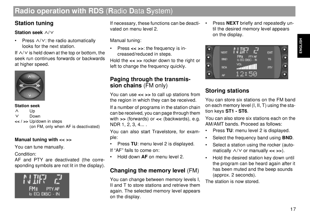 Blaupunkt RDM 169 US Radio operation with RDS Radio Data System, Station tuning, Changing the memory level FM 