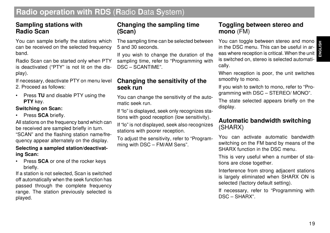 Blaupunkt RDM 169 US operating instructions Changing the sensitivity of the seek run, Switching on Scan 