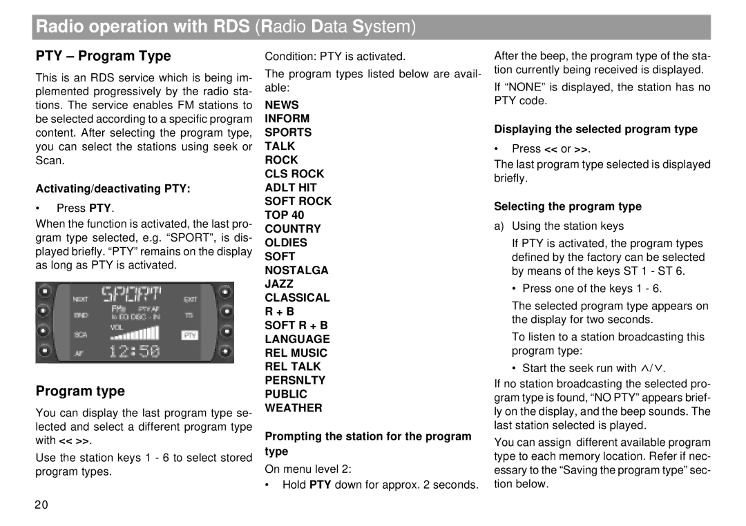 Blaupunkt RDM 169 US PTY Program Type, Program type, News Inform Sports Talk Rock CLS Rock Adlt HIT Soft Rock 