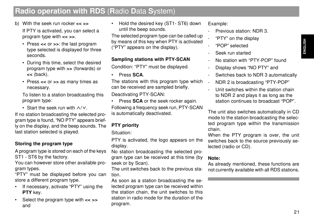 Blaupunkt RDM 169 US Sampling stations with PTY-SCAN, PTY priority, Storing the program type, PTY key 