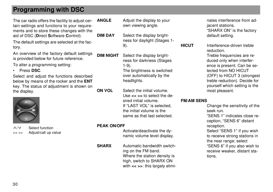 Blaupunkt RDM 169 US operating instructions Programming with DSC, FM/AM Sens, Peak ON/OFF 