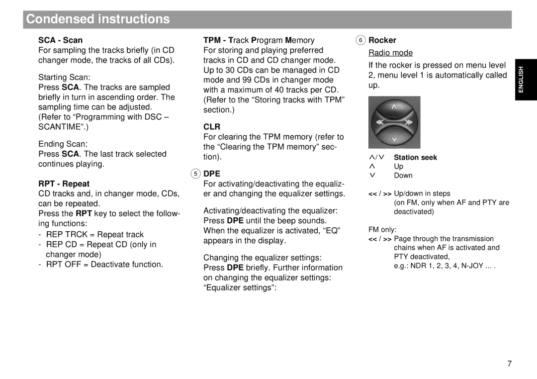 Blaupunkt RDM 169 US operating instructions RPT Repeat, Clr, Dpe, Rocker Radio mode 