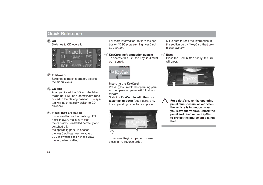 Blaupunkt RDM 169 ? TU tuner, @ CD slot, Visual theft protection, KeyCard theft protection system, Inserting the KeyCard 