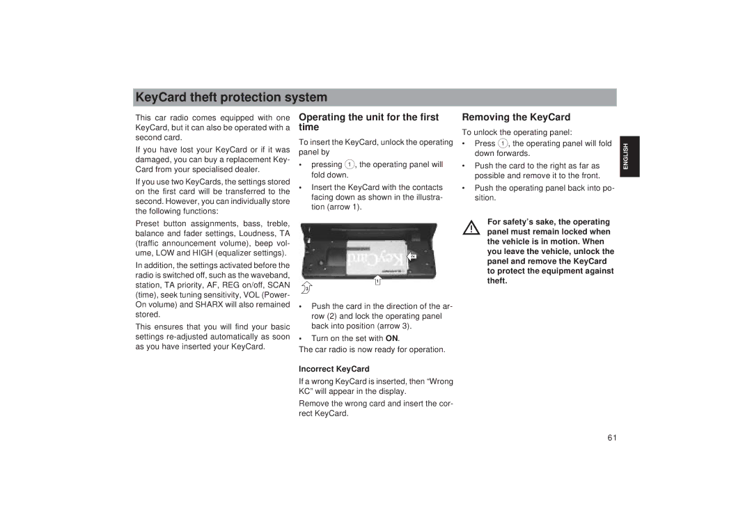 Blaupunkt RDM 169 KeyCard theft protection system, Operating the unit for the first time, Removing the KeyCard 