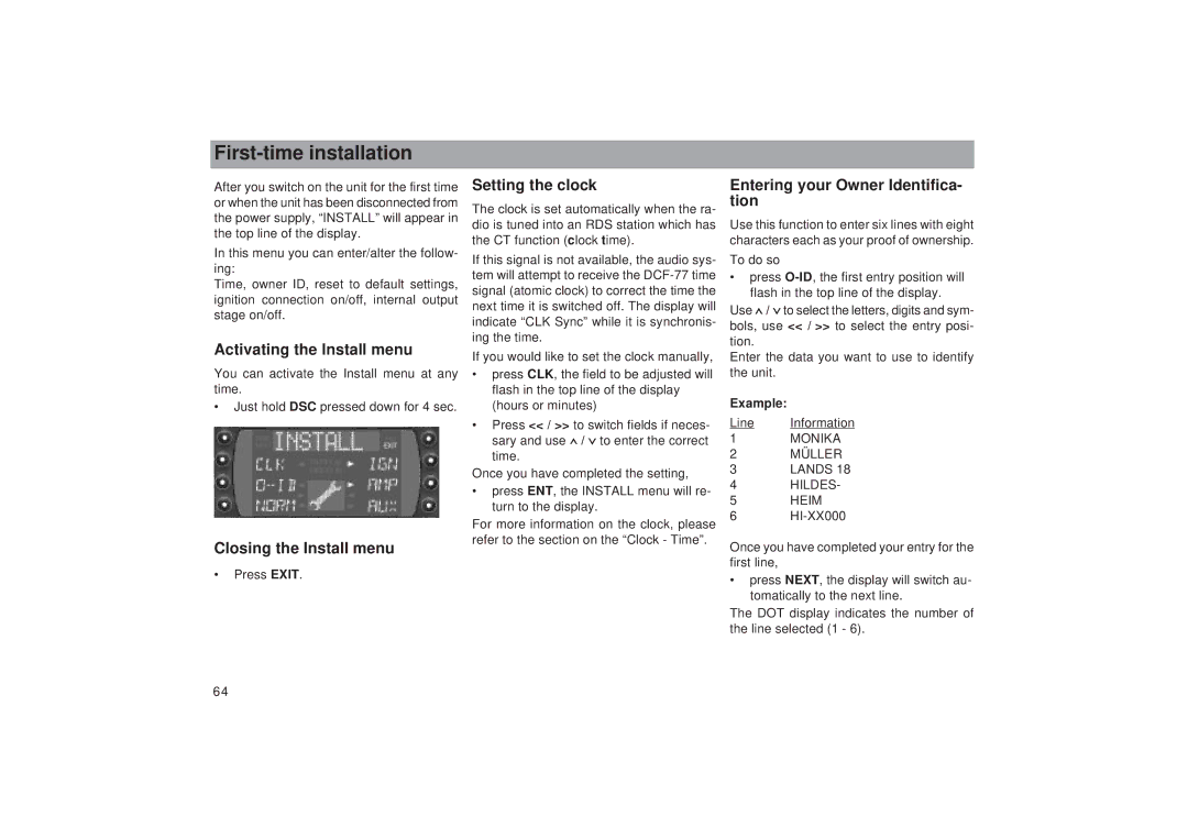 Blaupunkt RDM 169 First-time installation, Activating the Install menu, Closing the Install menu, Setting the clock 