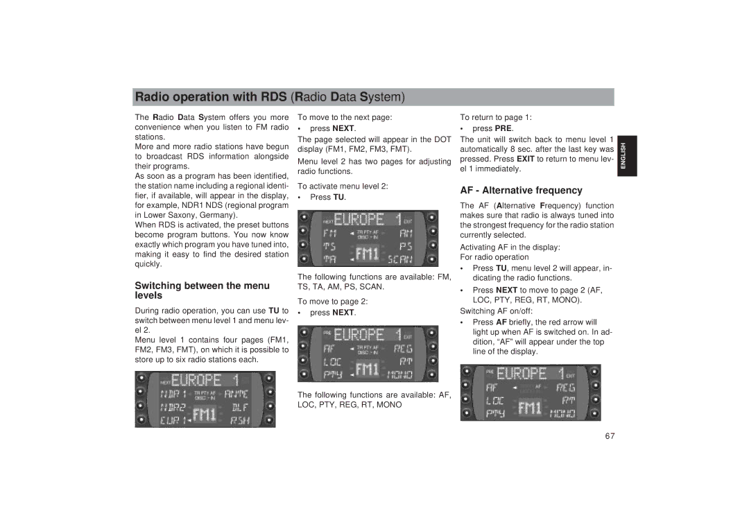 Blaupunkt RDM 169 Radio operation with RDS Radio Data System, Switching between the menu levels, AF Alternative frequency 