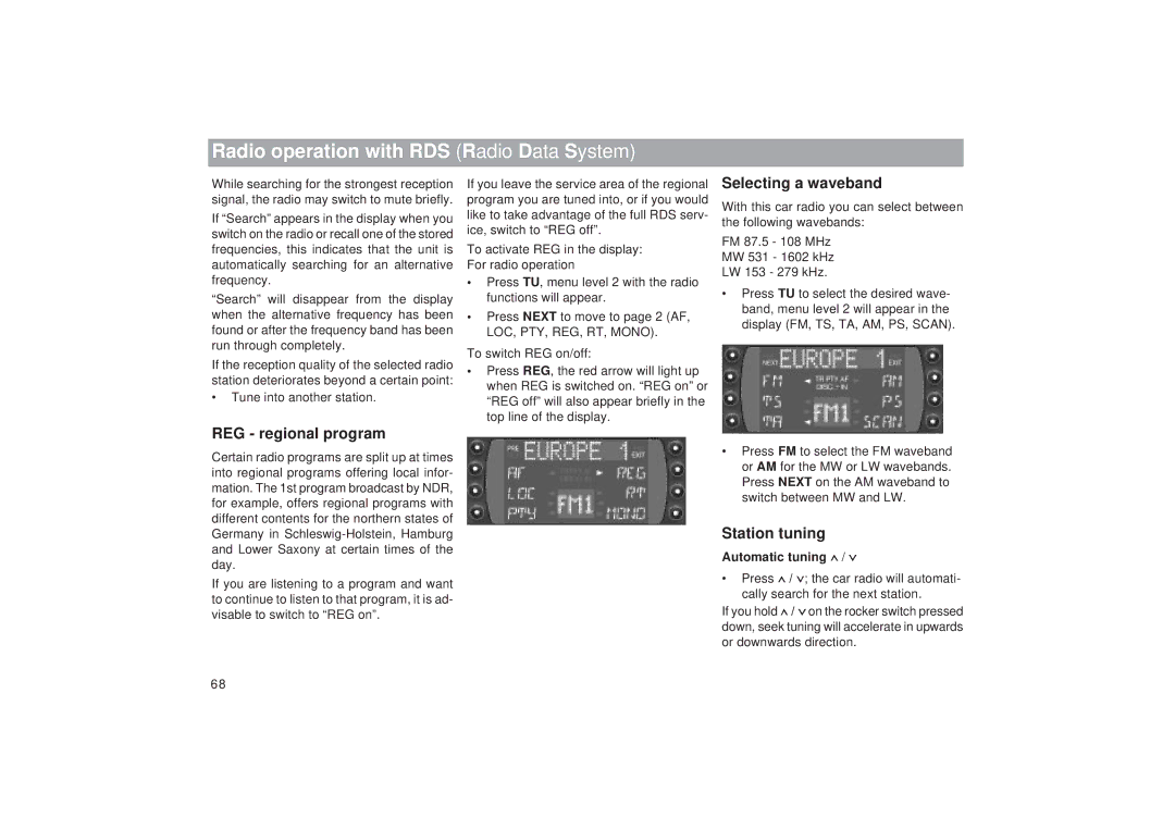 Blaupunkt RDM 169 Radio operation with RDS Radio Data System, REG regional program, Selecting a waveband, Station tuning 