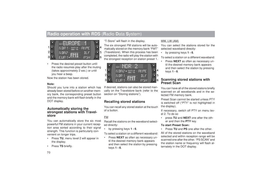 Blaupunkt RDM 169 Recalling stored stations, Scanning stored stations with Preset Scan, Mw, Lw Am, To start Preset Scan 