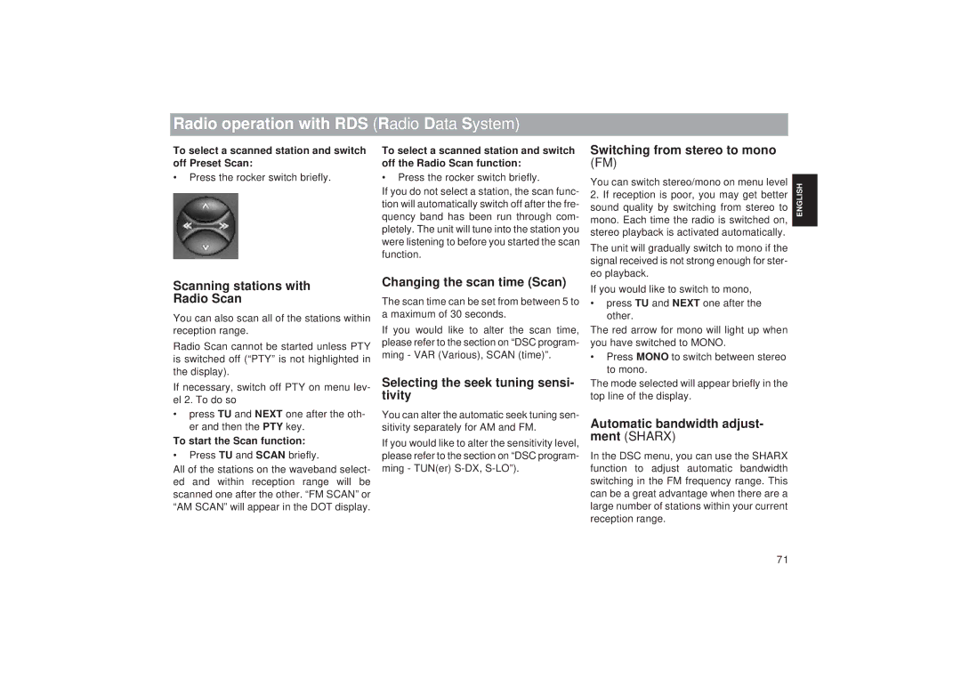 Blaupunkt RDM 169 Switching from stereo to mono, Scanning stations with Radio Scan, Changing the scan time Scan 