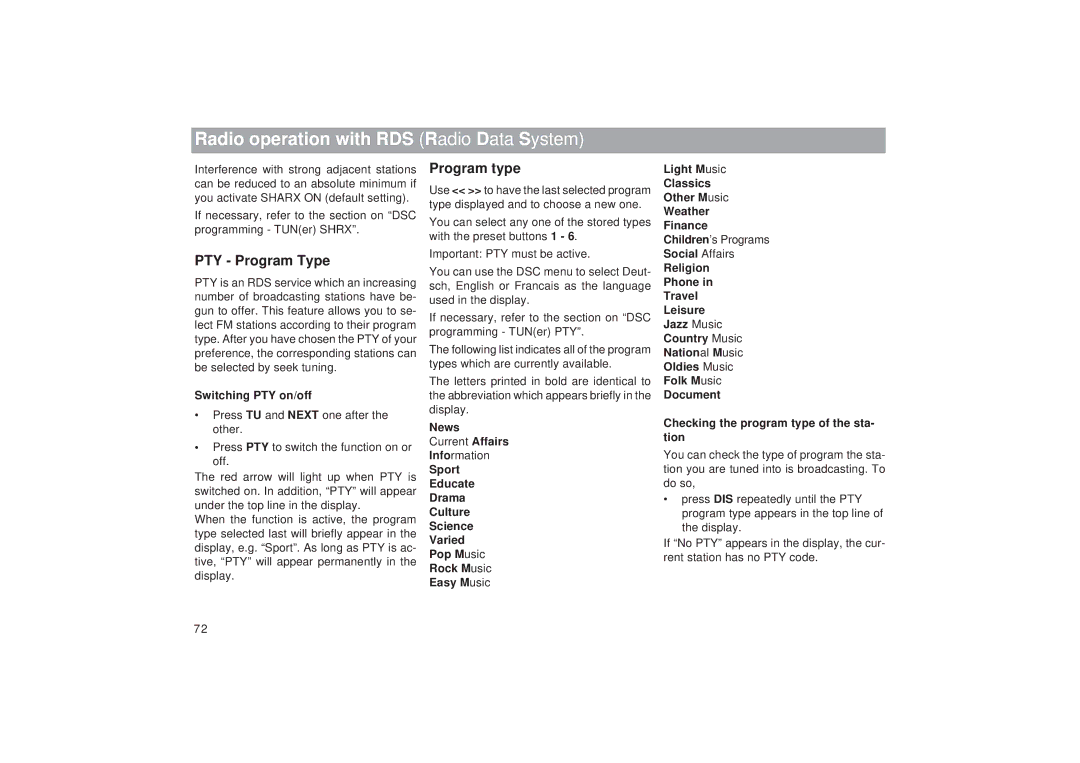 Blaupunkt RDM 169 operating instructions PTY Program Type, Program type, Switching PTY on/off, News 