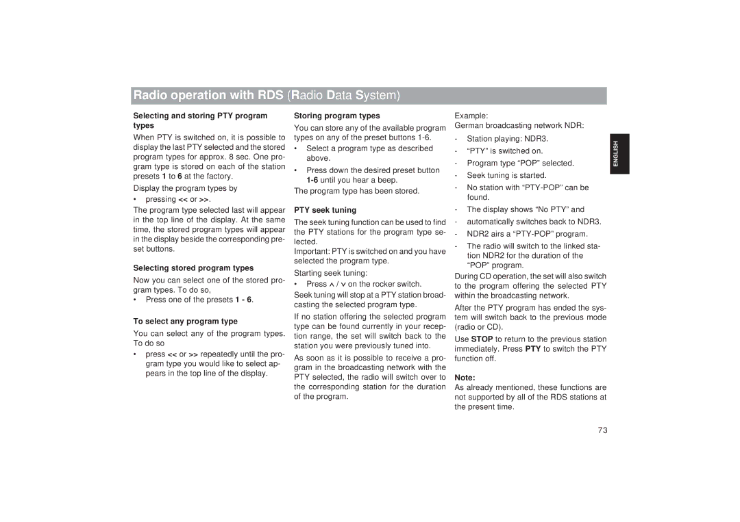 Blaupunkt RDM 169 Selecting and storing PTY program types, Selecting stored program types, To select any program type 