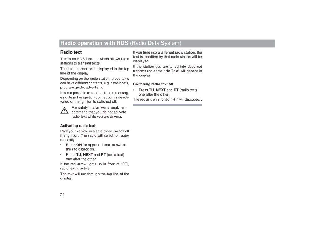 Blaupunkt RDM 169 operating instructions Radio text, Activating radio text, Switching radio text off 