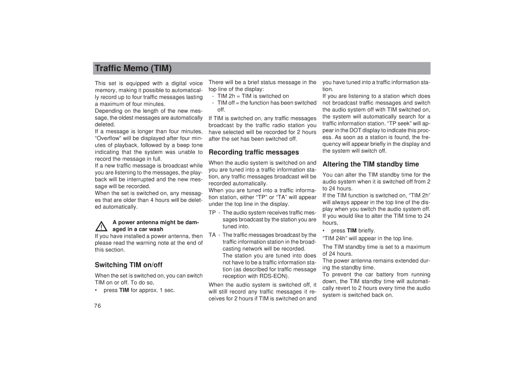 Blaupunkt RDM 169 Traffic Memo TIM, Switching TIM on/off, Recording traffic messages, Altering the TIM standby time 