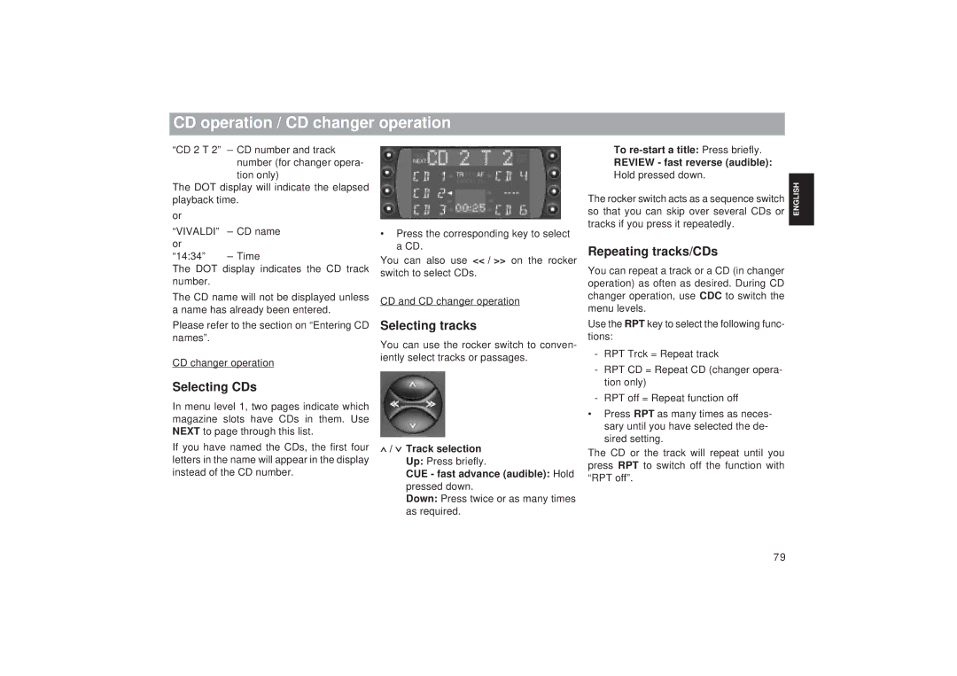 Blaupunkt RDM 169 CD operation / CD changer operation, Selecting tracks, Repeating tracks/CDs, Selecting CDs 