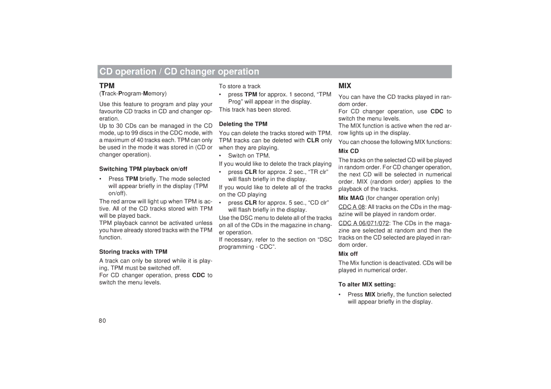 Blaupunkt RDM 169 Switching TPM playback on/off, Storing tracks with TPM, Deleting the TPM, Mix CD, Mix off 