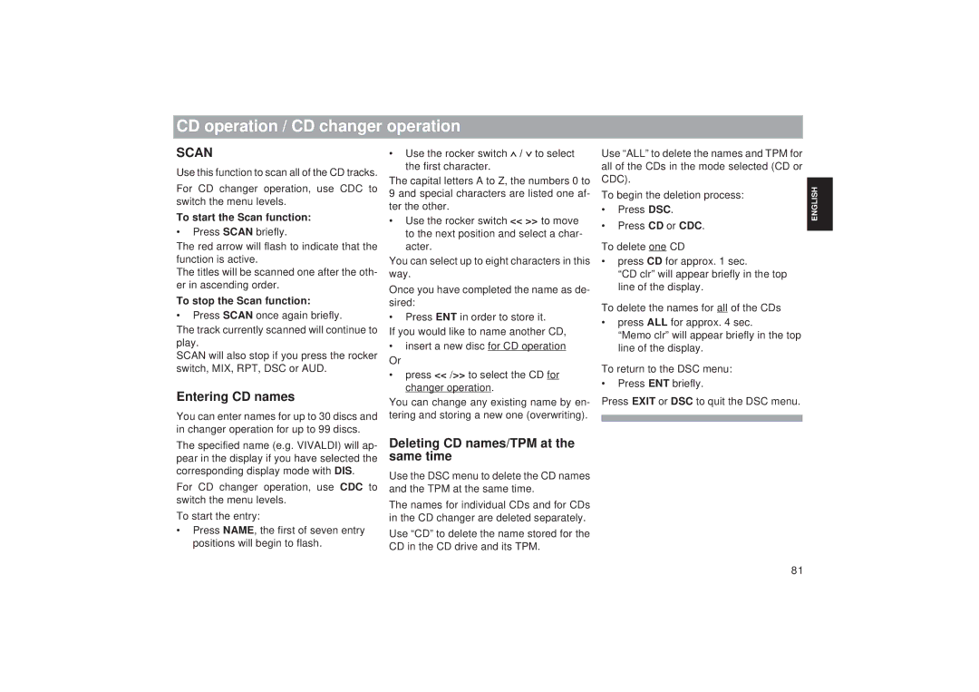 Blaupunkt RDM 169 Entering CD names, Deleting CD names/TPM at the same time, To stop the Scan function 