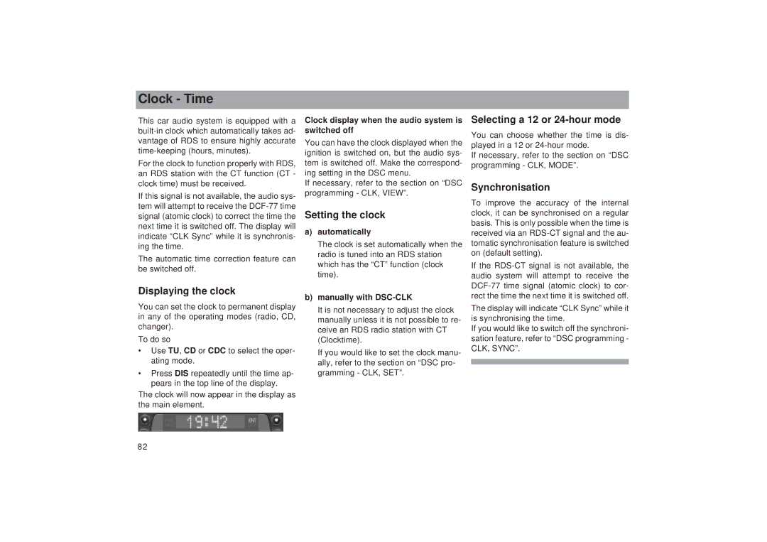 Blaupunkt RDM 169 operating instructions Clock Time, Displaying the clock, Selecting a 12 or 24-hour mode, Synchronisation 