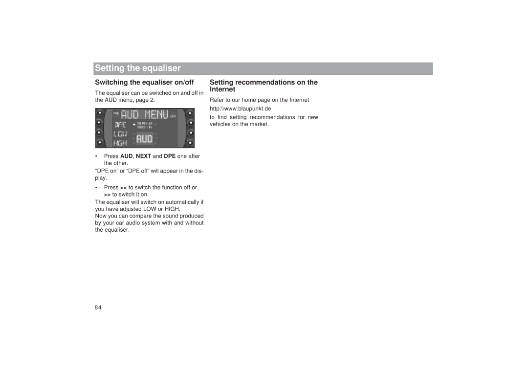 Blaupunkt RDM 169 Setting the equaliser, Switching the equaliser on/off, Setting recommendations on the Internet 