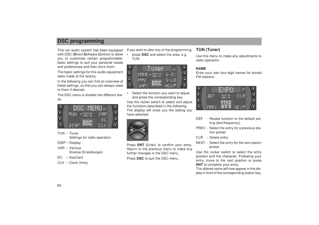 Blaupunkt RDM 169 operating instructions DSC programming, TUN Tuner 