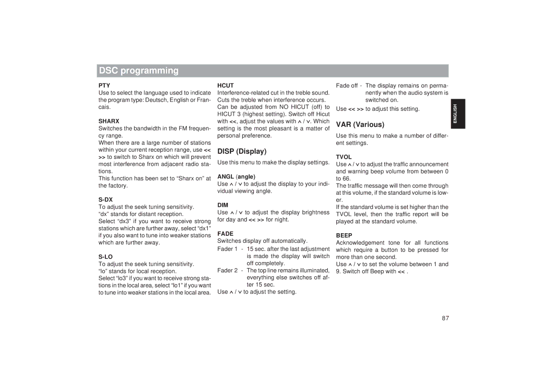 Blaupunkt RDM 169 operating instructions DSC programming, Disp Display, VAR Various 