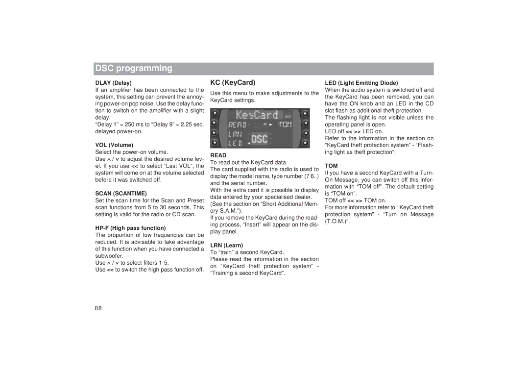 Blaupunkt RDM 169 operating instructions KC KeyCard, Scan Scantime, Read, Tom 